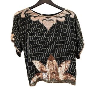 Vintage Rina Z Womens Top Black Rose Gold Beaded Sequins Glam Evening Shawl Sz S